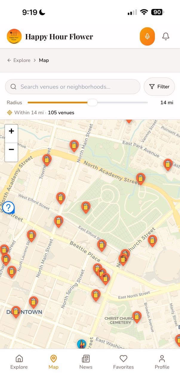 Happy Hour Flower app map screen with 105 venue pins across downtown Greenville