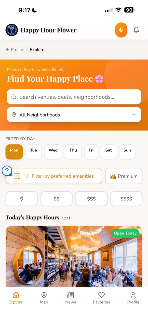 Happy Hour Flower app explore screen showing today's happy hours in Greenville