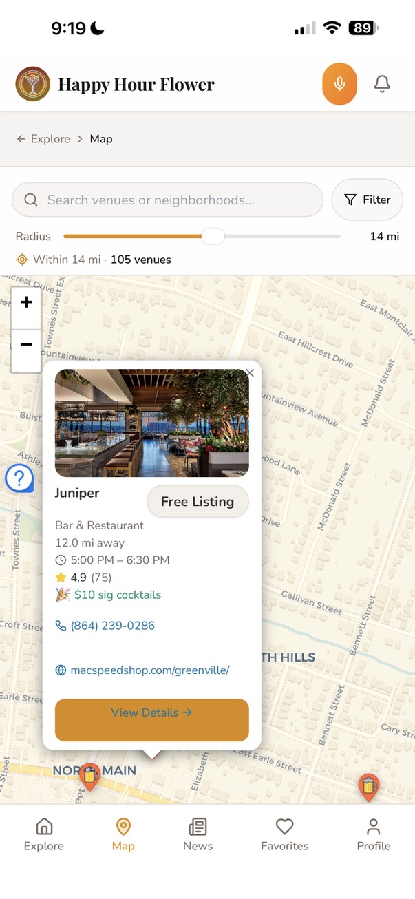 Happy Hour Flower app venue preview card with deal details and phone number